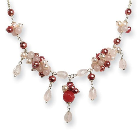 Sterling Silver Rose Quartz, Red, Pink Cultured Pearl, Red  Necklace