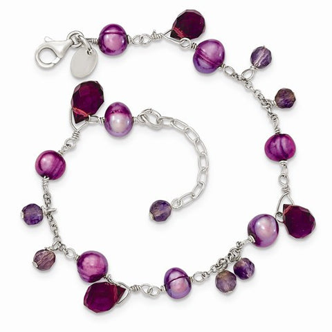 Sterling Silver Purple Fw Cultured Pearl & Lavender Crystal Bracelet