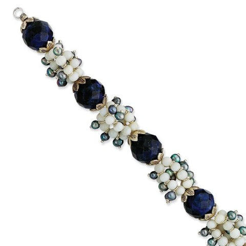 Sterling Silver Blue Lace Agate Sodalite Peacock Cultured Pearl Bracelet