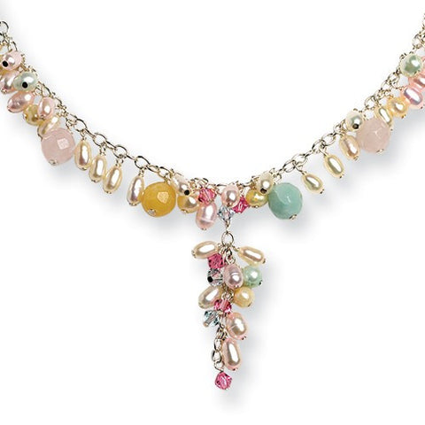 Sterling Silver Carnelian, Quartz, , Crystals, Cult Multicolor Pearl Necklace