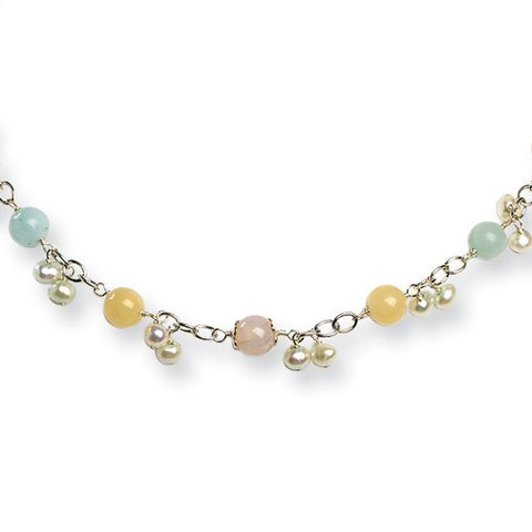 Sterling Silver Chalcedony, , Cultured Pearl Necklace