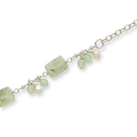 Sterling Silver Prehnite Green Quartz White Cultured Pearl Bracelet