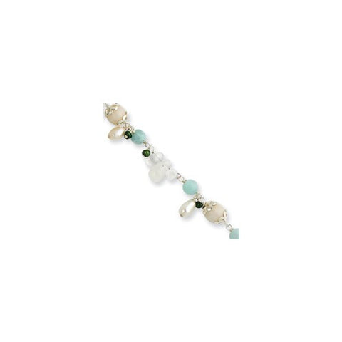 Sterling Silver Aventurine Quartz Green & White Cultured Pearl Bracelet