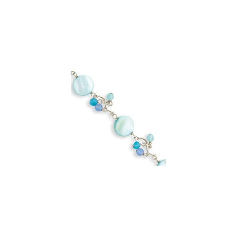 Sterling Silver Mother Of Pearl Blue Crystal Blue & Purple Agate Bracelet