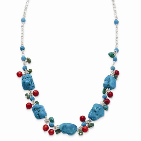 Sterling Silver Dyed Howlite, Turquoise, Red Coral Necklace
