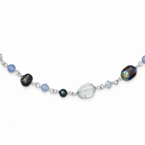 Sterling Silver Blue Agate, FW Cultured Pearl, Aqua Crystal Necklace