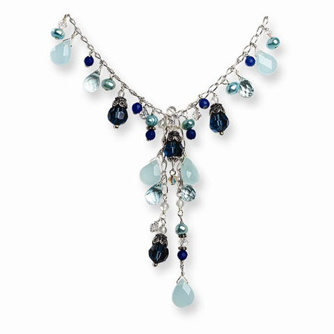 Sterling Silver Blue Crystal, Blue FW Cultured Pearl, Chalcedony Necklace