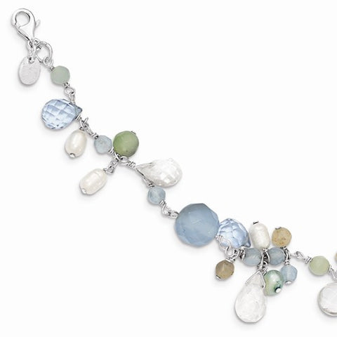 Sterling Silver B Lace Agate Opalite Amazonite Fw Cult Pearl Bracelet