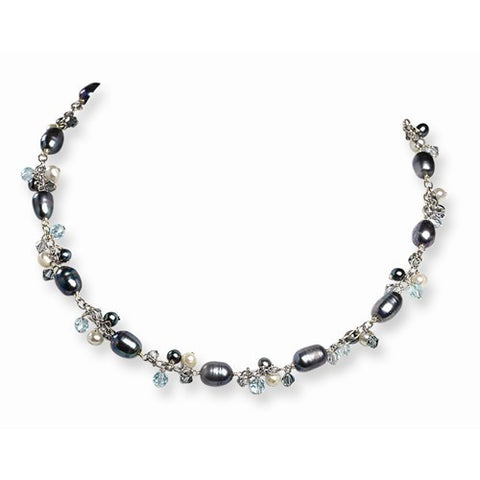 Sterling Silver Blue Azore, Peacock & White FW Cultured Pearl Necklace