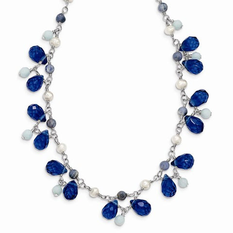Sterling Silver Blue Crystal, Lapis, Amazonite, Cultured Pearl Necklace