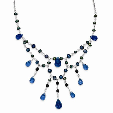 Sterling Silver Blue Goldstone, Blue Crystal, FW Cultured Pearl Necklace