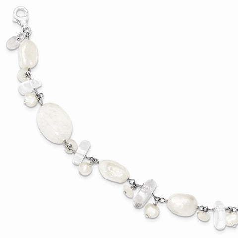 Sterling Silver Moonstone Fw Cult Pearl Rockqtz White Bracelet