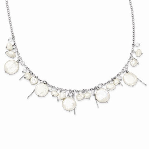 Sterling Silver FW Cultured Coin Pearl & Aurora Borealis Crystal Necklace