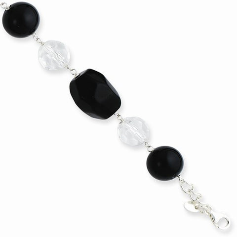 Sterling Silver Clear Crystal Onyx 14 Black Agate Bracelet