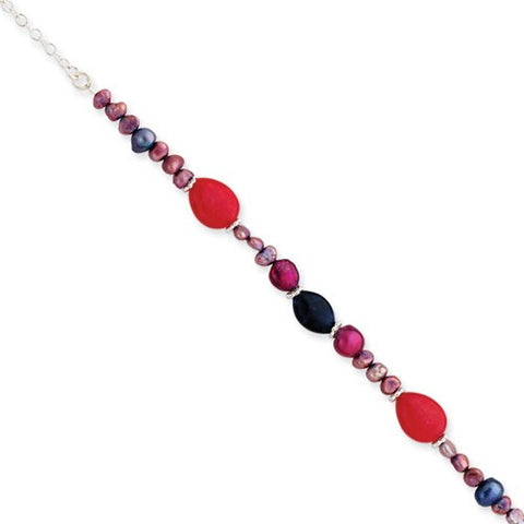 Sterling Silver Blue Red Purple Cult Pearl Red Agate Sodalite Bracelet