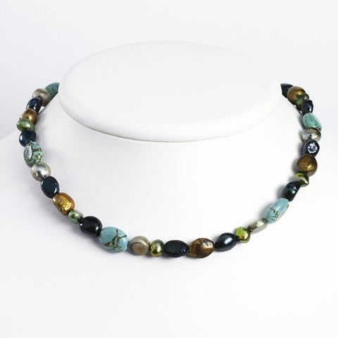 Sterling Silver Grey & Green Cultured Pearls, Turquoise Necklace