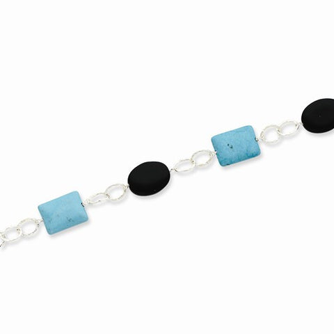 Sterling Silver Black Agate & Dyed Blue Howlite Bracelet