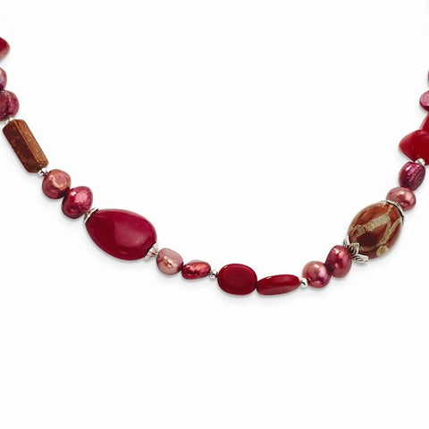Sterling Silver Red Coral, FW Cultured Pearl, Agate,  Necklace