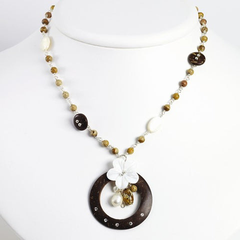 Sterling Silver Coconut Shell, White Cultured Pearl, Picture  Necklace