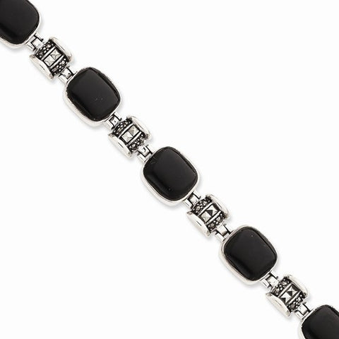 Sterling Silver Fancy Polished Antiqued Onyx Marcasite Bracelet