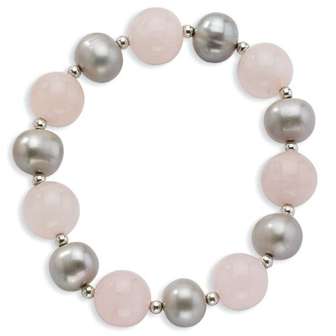 Sterling Silver Rose Qtz Freshwater Cultured Silver Pearl Stretch Bracelet