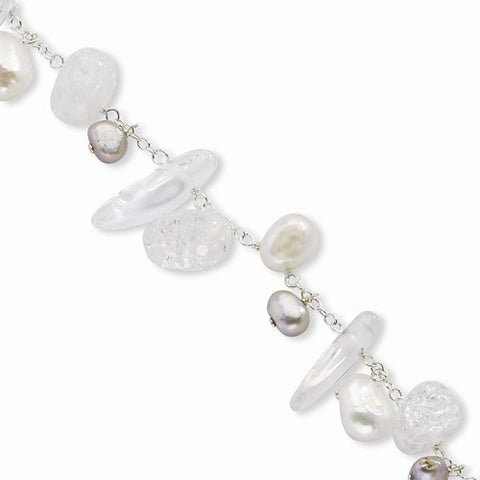Sterling Silver Crackle & Rock Quartz Freshwater Cultured Pearl Bracelet