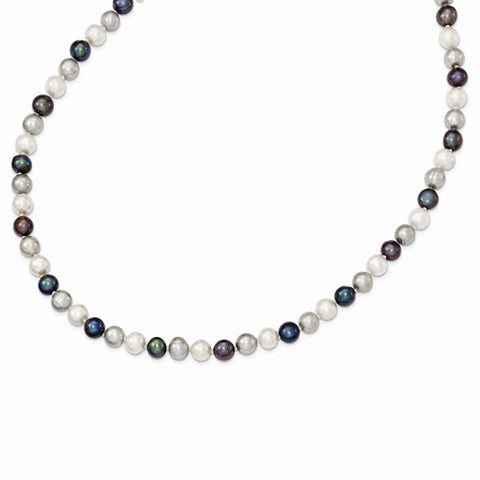 Sterling Silver Freshwater Cultured White, Platinum, Black Pearl Necklace