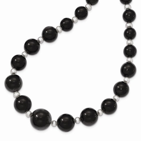 Sterling Silver Graduated Blk Agate, Freshwater Cultured Pearl Necklace