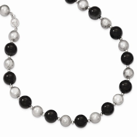 Sterling Silver Blk Agate, Freshwater Cultured Silver Pearl Necklace