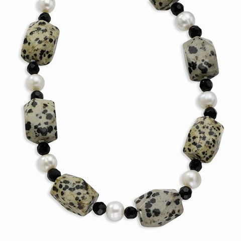 Sterling Silver FW Cultured Pearl, Dalmatian , Blk Crystal Necklace