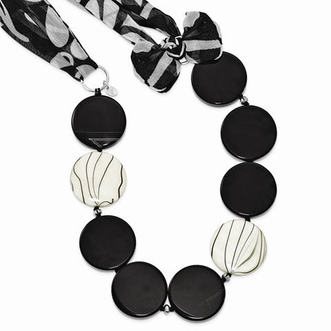 Sterling Silver Black Agate, Zebra Mother Of Pearl & Fabric Necklace