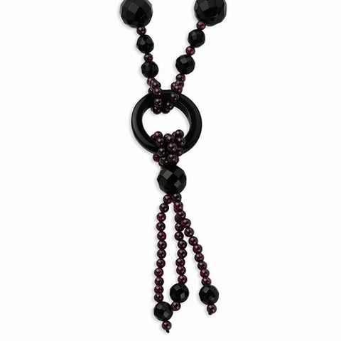 Sterling Silver Faceted-Black Agate & Rh Garnet Bead Necklace