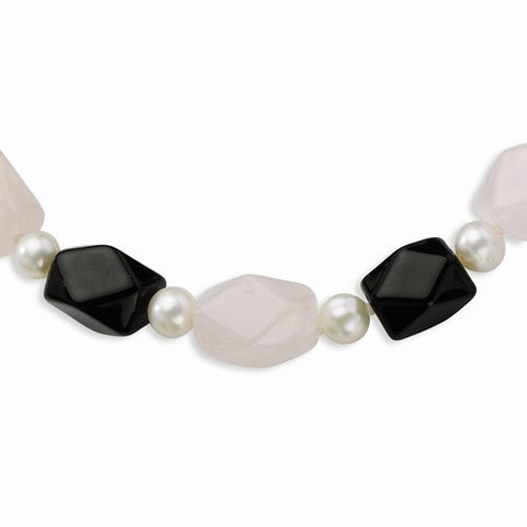 Sterling Silver FW Cultured Pearl, Rose Quartz & Black Agate Necklace