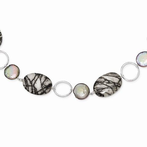 Sterling Silver Circles, Fw Coin Cultured Pearl & Zebra  Necklace