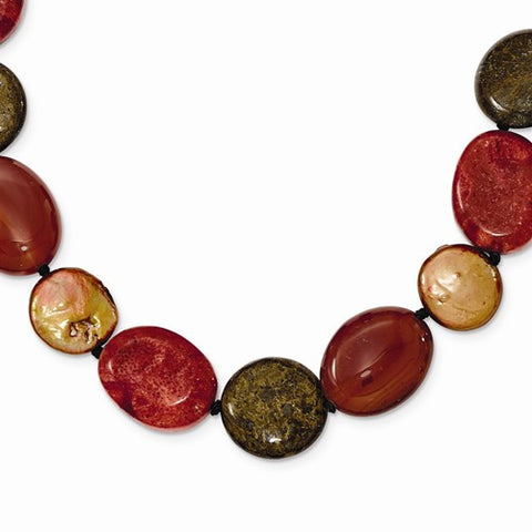 Sterling Silver Tiger, Carnelian, Red Coral, FW Cultured Pearl Necklace