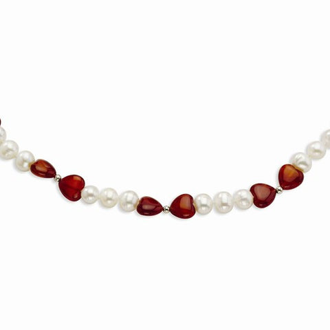 Sterling Silver Freshwater Cultured Pearl & Red Agate Heart Necklace