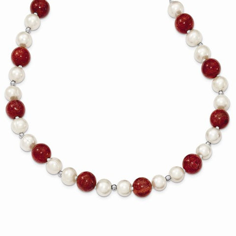 Sterling Silver Freshwater Cultured Pearls & Red Coral Necklace