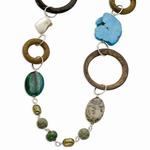 Sterling Silver FW Cultured Pearl, Turquoise, , Mother Of Pearl Necklace