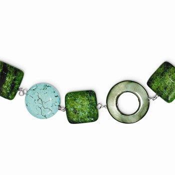Sterling Silver Chrysocolla, Dyed Howlite, Dyed Mother Of Pearl Necklace