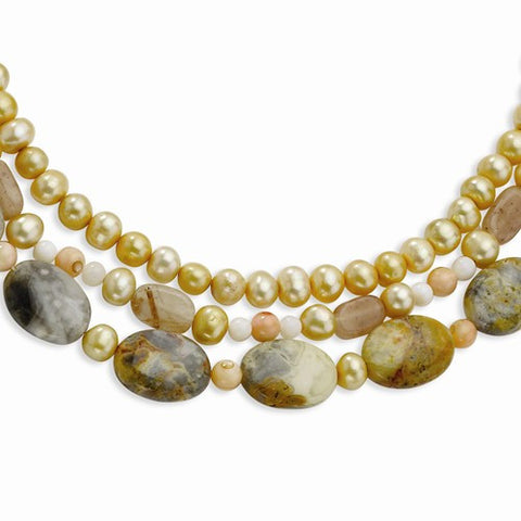 Sterling Silver , Rutilated Quartz, FW Cultured Pearl Necklace