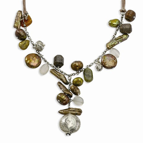 Sterling Silver , Moonstone, Unakite, Heonite FW Cultured Pearl Necklace