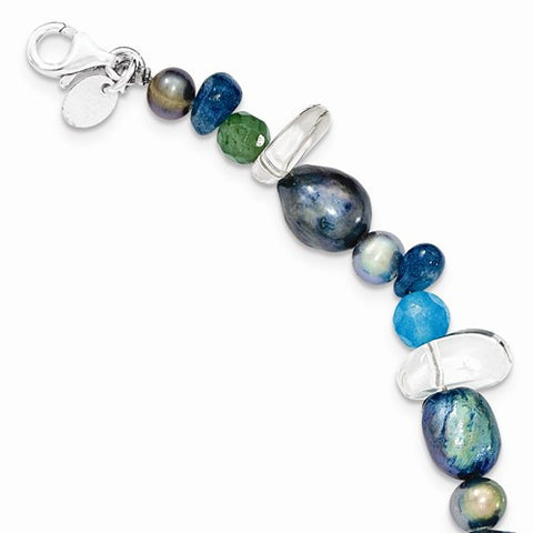 Sterling Silver Aventurine Blue Quartz & Fw Cultured Pearl Bracelet