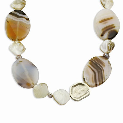 Sterling Silver Crazy Lace Agate & Mother Of Pearl Necklace