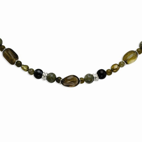 Sterling Silver Black Agate, , Smokey Quartz, FW Cultured Pearl Necklace