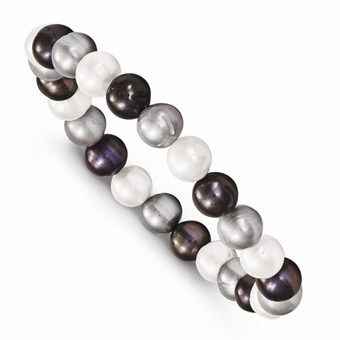 8-8.5Mm Freshwater Cultured White/Platinum/Black Stretch Bracelet