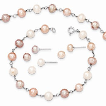 Sterling Silver Freshwater CulturedPearl 18in Neck 7.25in Brace3pc Earring, Jewelry Earrings