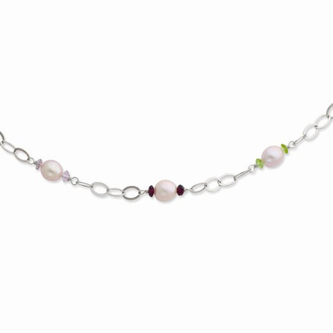 Sterling Silver Purple FW Cultured Pearl & Stone Necklace