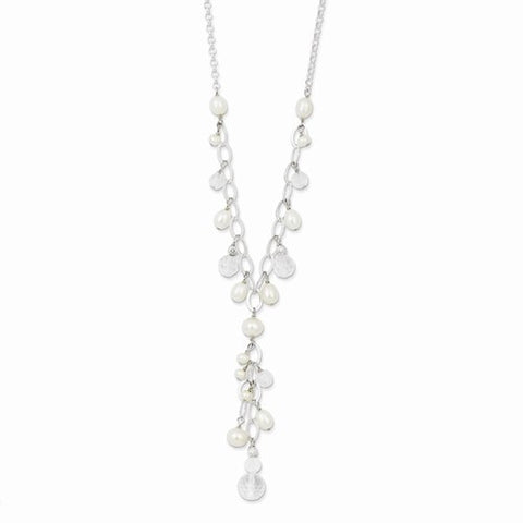 Sterling Silver FW Cultured Pearl, Crystal, Diamond-Cut Bead Necklace