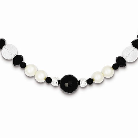 Sterling Silver FW Cultured Pearl, Black Onyx, Crystal, Bead, Ext Necklace