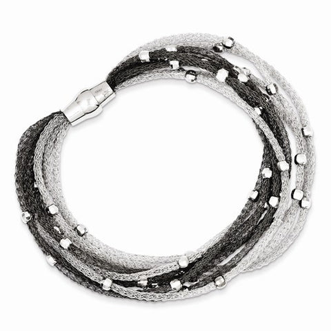 Sterling Silver Black Rhodium Mesh and Bead Magnetic Clasp Bracelet